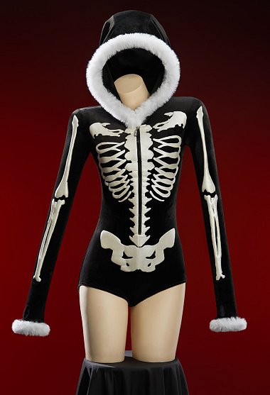 Mono de Felpa Sexy de Invierno con Capucha con Estampado de Calavera Blanco y Negro de Halloween