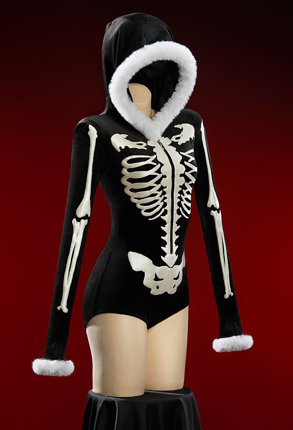Mono de Felpa Sexy de Invierno con Capucha con Estampado de Calavera Blanco y Negro de Halloween Mono de Felpa Sexy de Invierno con Capucha con Estampado de Calavera Blanco y Negro de Halloween