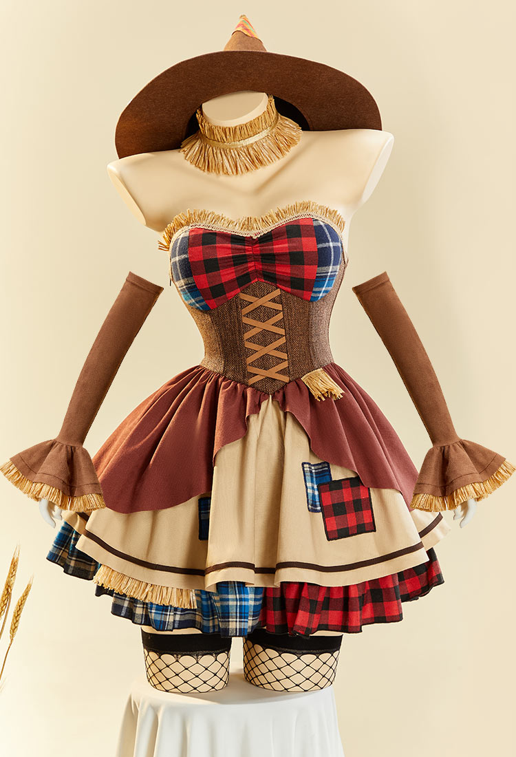 Sexy Halloween Kleid Vogelscheuchen-Stil Trägerlos Patchwork Design mit Hut und Ärmeln