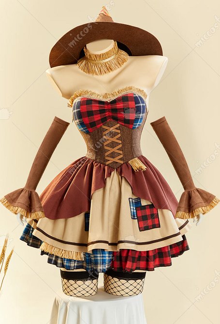 Sexy Halloween Kleid Vogelscheuchen-Stil Trägerlos Patchwork Design mit Hut und Ärmeln