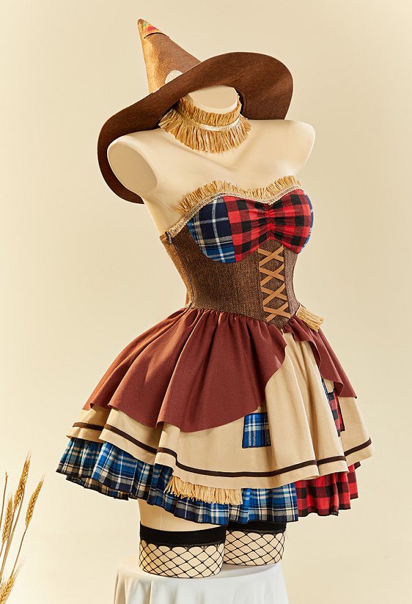 Sexy Halloween Kleid Vogelscheuchen-Stil Trägerlos Patchwork Design mit Hut und Ärmeln
