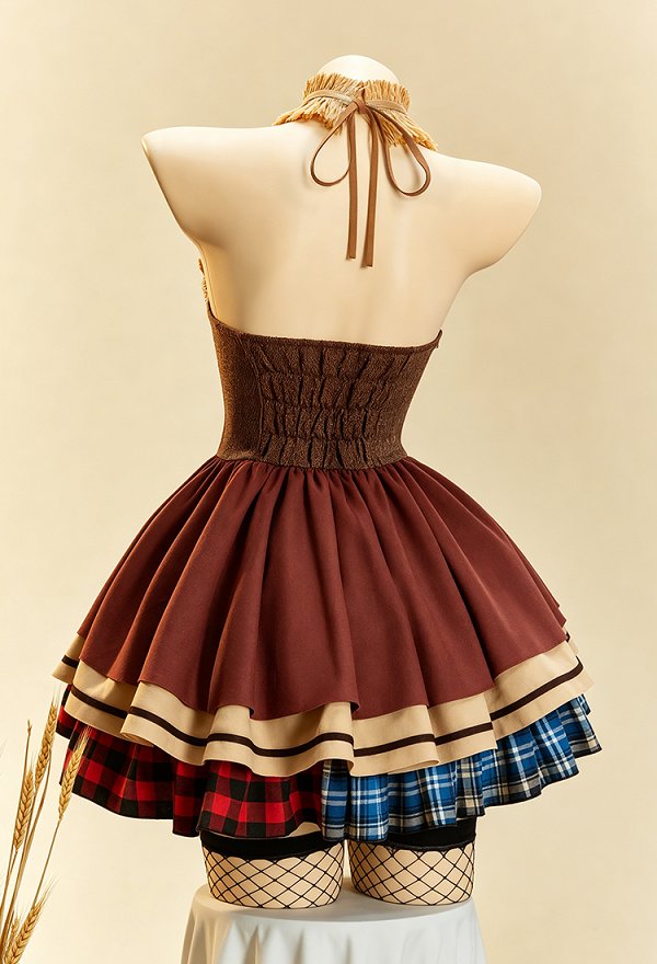 Sexy Halloween Kleid Vogelscheuchen-Stil Trägerlos Patchwork Design mit Hut und Ärmeln