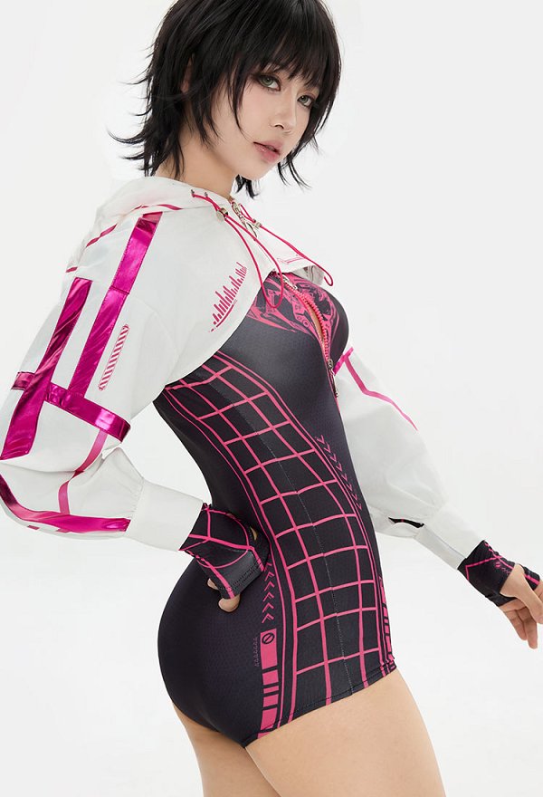 Mechanical-style Spider Print Sportswear Yoga Outfit Long-sleeved Zip-up Bodysuit with Short Jacket