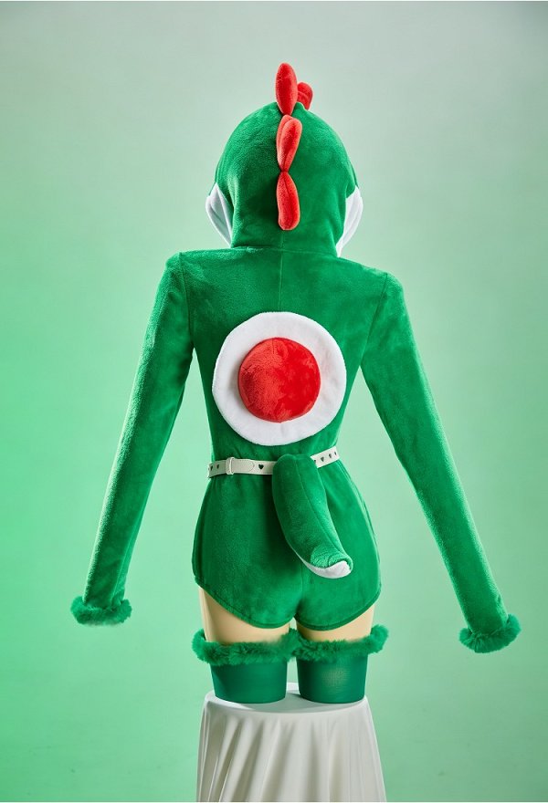 Yoshi Derivative Sexy Cosplay Costume Plush Romper Hooded Bodysuit with Belt and Tail