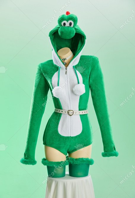 Yoshi Derivative Sexy Cosplay Costume Plush Romper Hooded Bodysuit with Belt and Tail