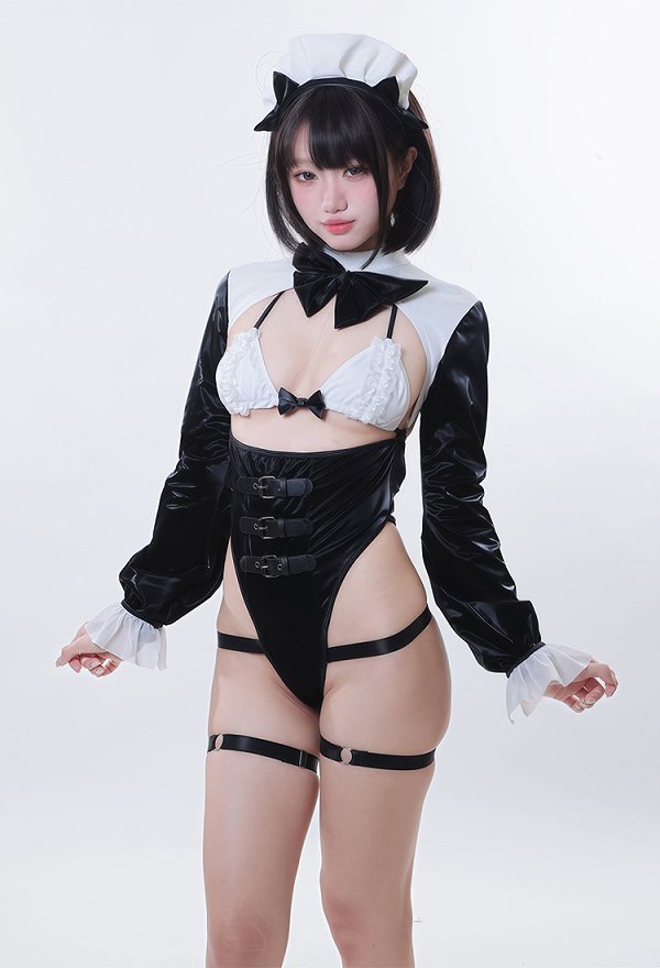 Sexy Dienstmädchen Maid Outfit Bodysuit mit Cut-out BH und Haarband