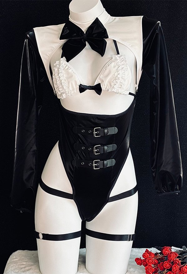 Sexy Dienstmädchen Maid Outfit Bodysuit mit Cut-out BH und Haarband