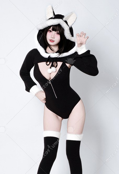 Sexy Grey Wolf Outfit Deep V-neck Zip-up Bodysuit Hooded Bolero Jacket with Ear and Stockings