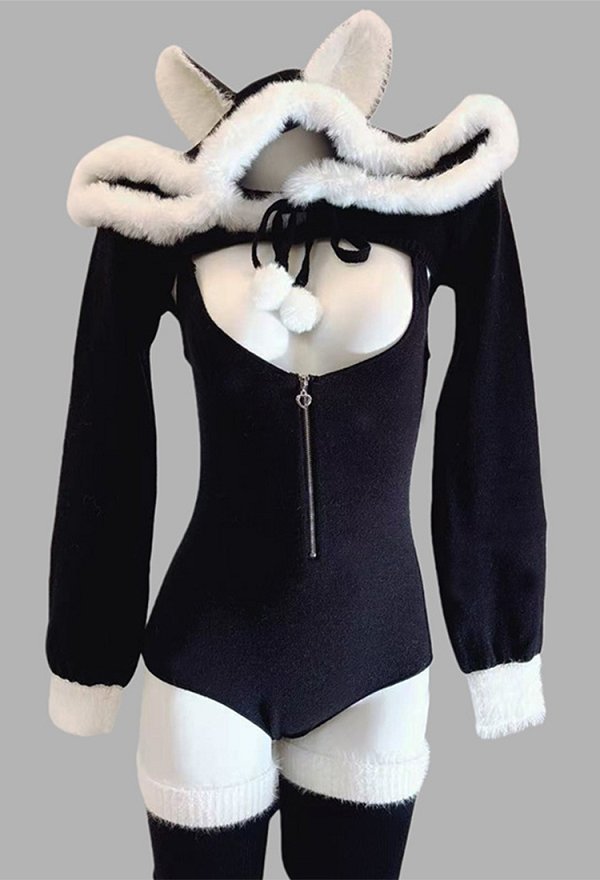 Sexy Grey Wolf Outfit Deep V-neck Zip-up Bodysuit Hooded Bolero Jacket with Ear and Stockings