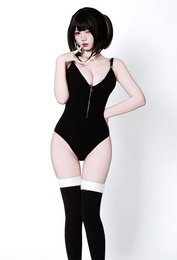 Sexy Grey Wolf Outfit Deep V-neck Zip-up Bodysuit Hooded Bolero Jacket with Ear and Stockings