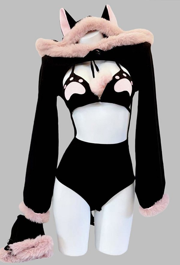 Sexy Katzen Outfit Bodysuit Kapuze Cut-out Kawaii Katzenpfoten BH Schwanz