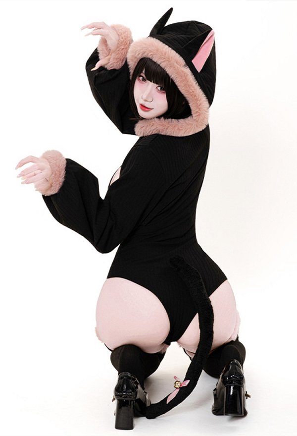 Sexy Katzen Outfit Bodysuit Kapuze Cut-out Kawaii Katzenpfoten BH Schwanz