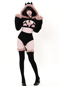 Sexy Katzen Outfit Bodysuit Kapuze Cut-out Kawaii Katzenpfoten BH Schwanz