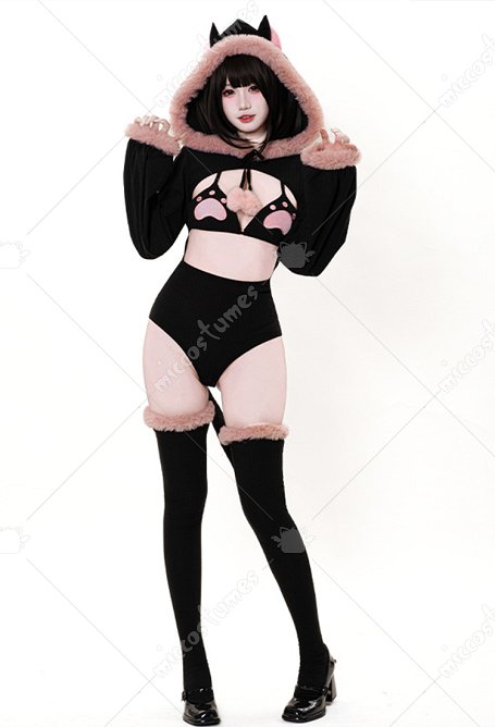 Sexy Cat-themed Outfit Bodysuit with Front Cutout Hood and Cute Cat Paw Bra and Tail