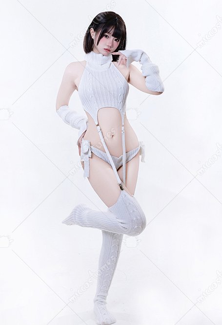Tenue sexy en maille haut sans manches à col haut et dos nu culotte bas et gants