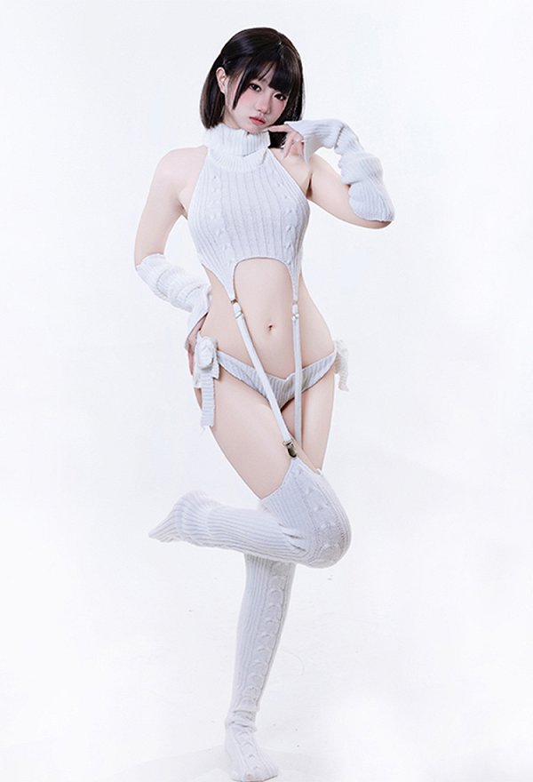 Tenue sexy en maille haut sans manches à col haut et dos nu culotte bas et gants