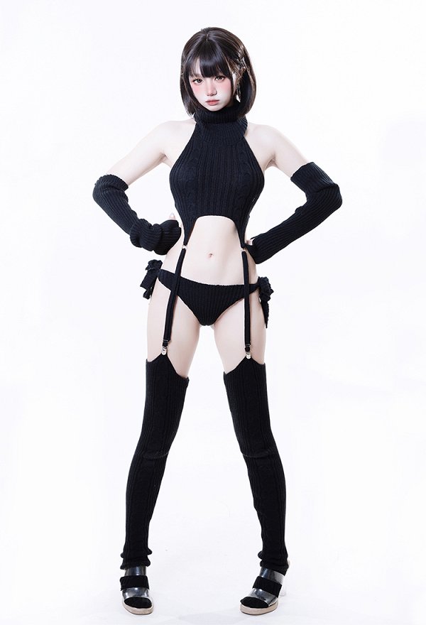 Sexy Knitwear Outfit High-neck Sleeveless Backless Top and Panty with Stockings and Gloves
