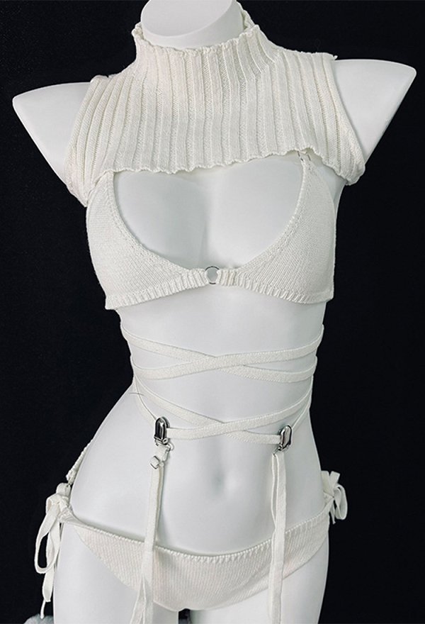 Sexy Knitwear Outfit Tie-up Bra and Panty with Knit Dickey and Stockings