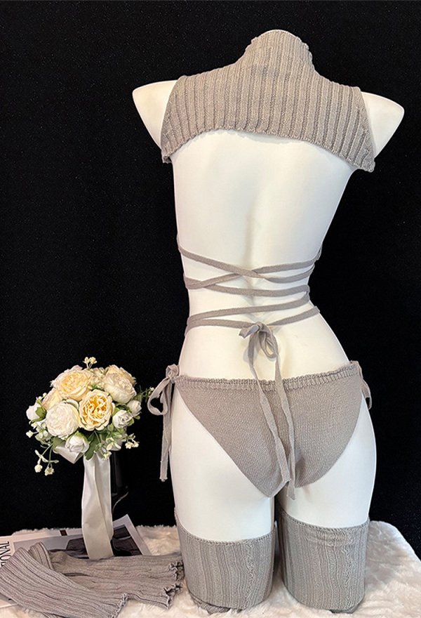 Sexy Knitwear Outfit Tie-up Bra and Panty with Knit Dickey and Stockings