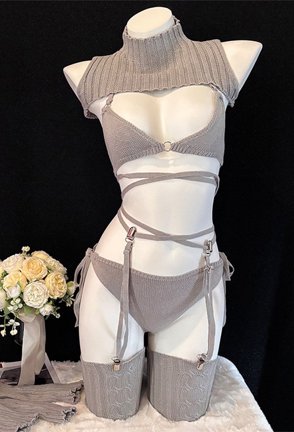 Sexy Knitwear Outfit Tie-up Bra and Panty with Knit Dickey and Stockings