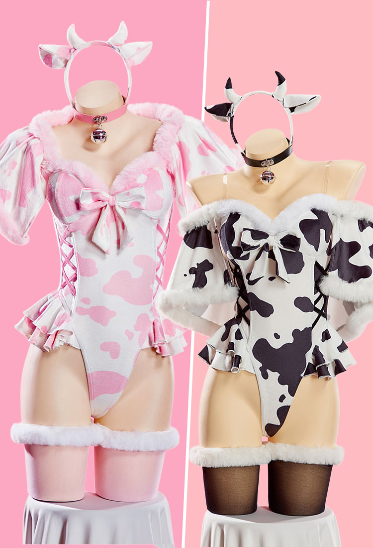 Conjunto de Mono de Felpa Sexy con Estampado de Vaca Body con Abertura Alta Capa Corta y Diadema