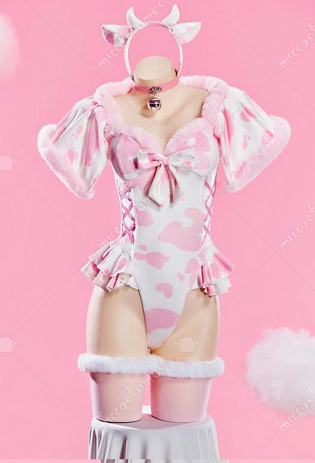 Sexy Plüsch Jumpsuit Outfit mit Kuhmuster Bodysuit mit hohem Schlitz kurzem Cape Stirnband