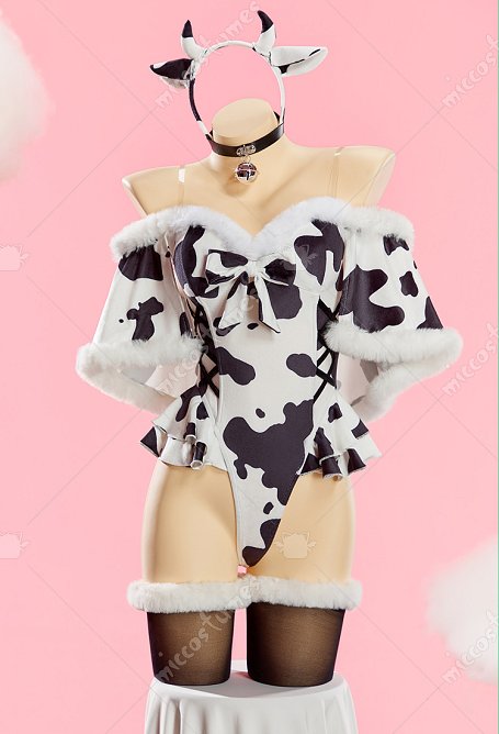 Sexy Plush Jumpsuit Outfit Cow Print High Slit Bodysuit Short Cape and Headband