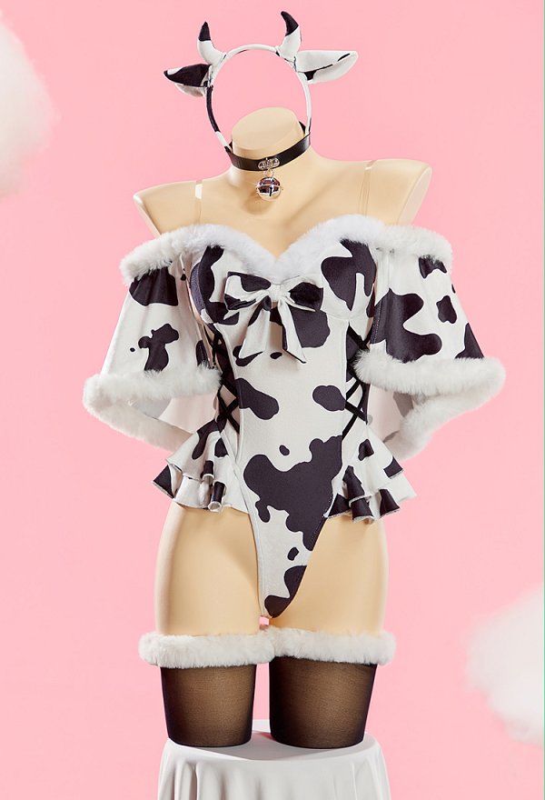 Sexy Plush Jumpsuit Outfit Cow Print High Slit Bodysuit Short Cape and Headband