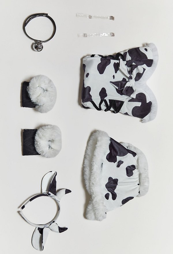 Sexy Plush Jumpsuit Outfit Cow Print High Slit Bodysuit Short Cape and Headband