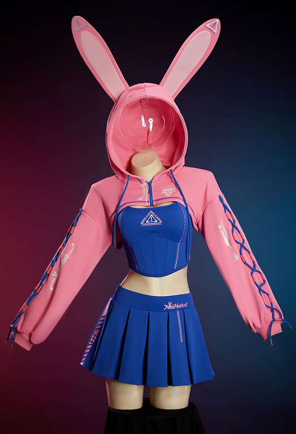 Tenue de Sport Yoga Deux Pièces Style Cybernétique Camisole Jupe Plissée avec Veste Courte à Capuche
