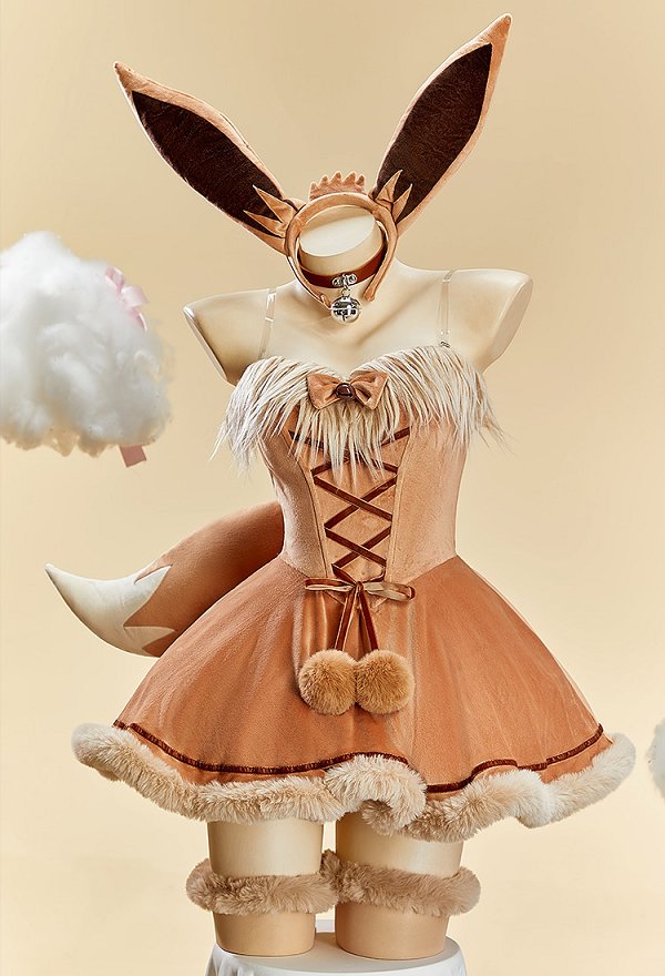PM Derivative Christmas Winter Plush Sexy Cosplay Costume Strapless Dress with Headband and Tail