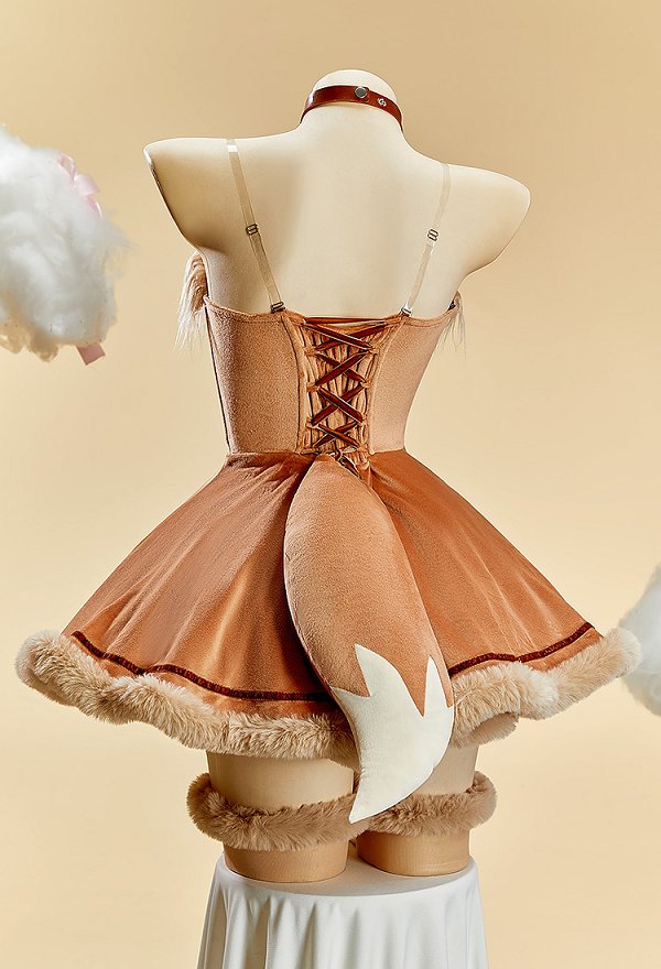 PM Derivative Christmas Winter Plush Sexy Cosplay Costume Strapless Dress with Headband and Tail