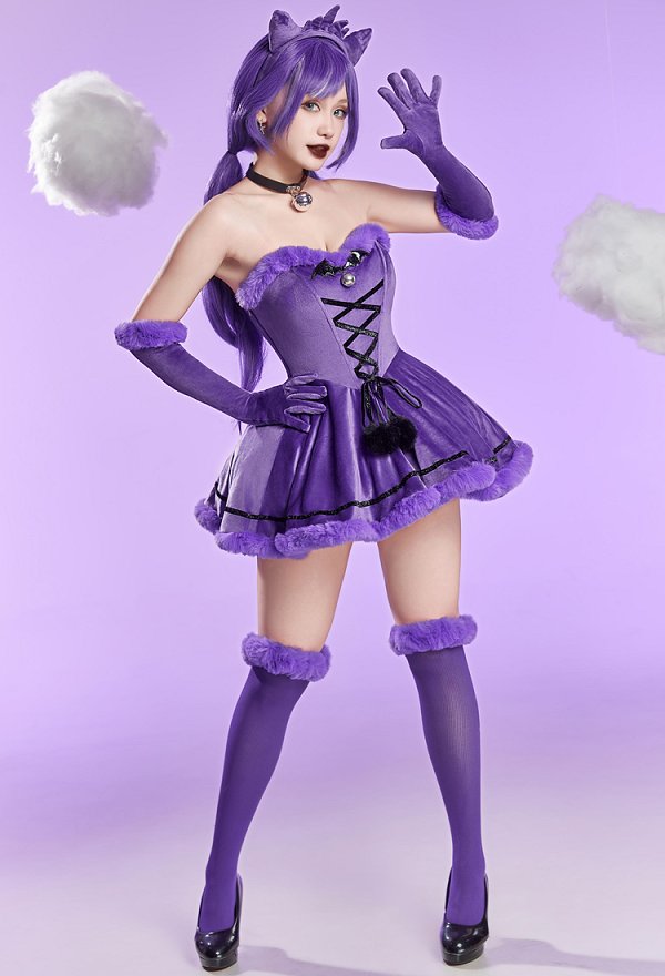 Sexy Weihnachts Plüschanzug Trägerloses Winterkleid mit Stirnband und Handschuhen