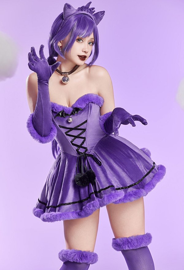 Sexy Weihnachts Plüschanzug Trägerloses Winterkleid mit Stirnband und Handschuhen