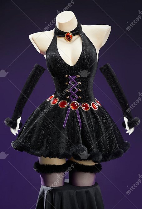 Costume Inspiré de Raven Sexy d'Hiver et de Noël en Peluche Robe en Velours à Dos Nu avec Cape à Capuche et Manches