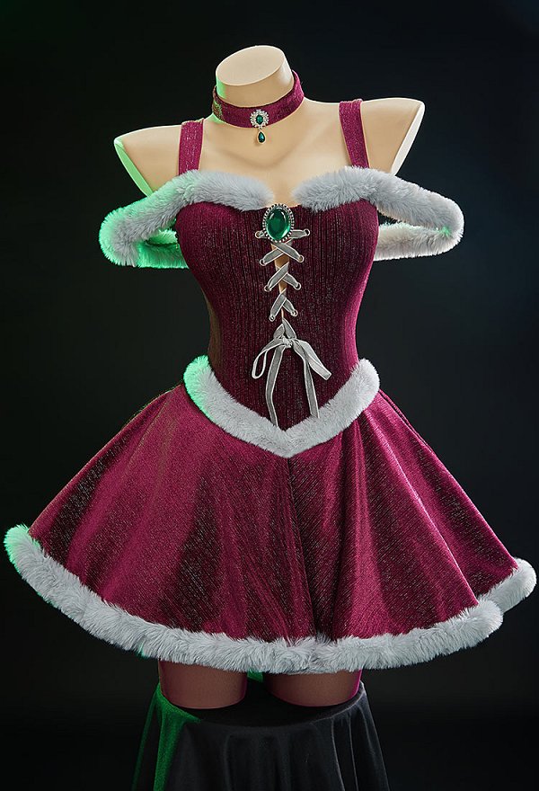Female Superhero Starfire Derivative Sexy Winter Christmas Cosplay Plush Outfit Suspender Velvet Dress with Cape and Stockings