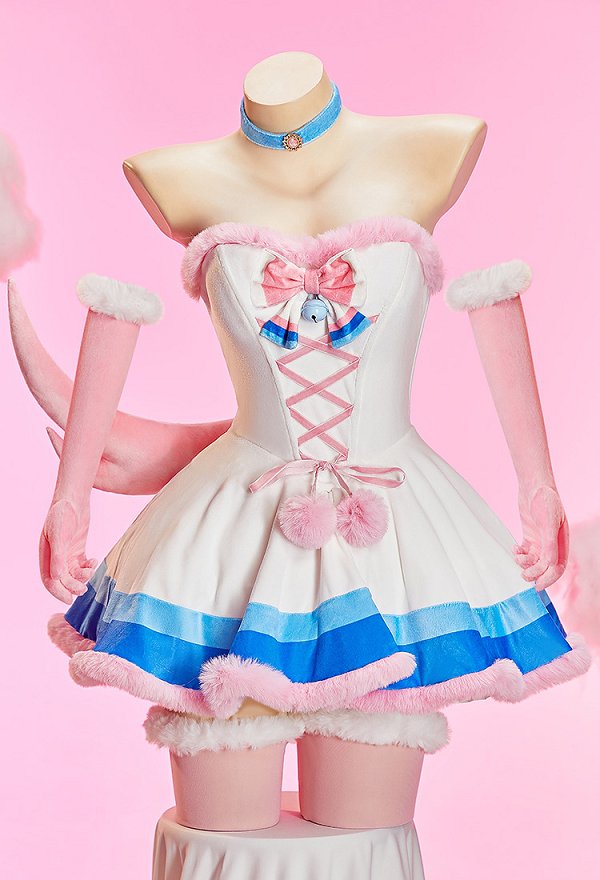 PM Derivative Sexy Cosplay Costume Winter Christmas Plush Set Strapless Dress with Cape and Tail