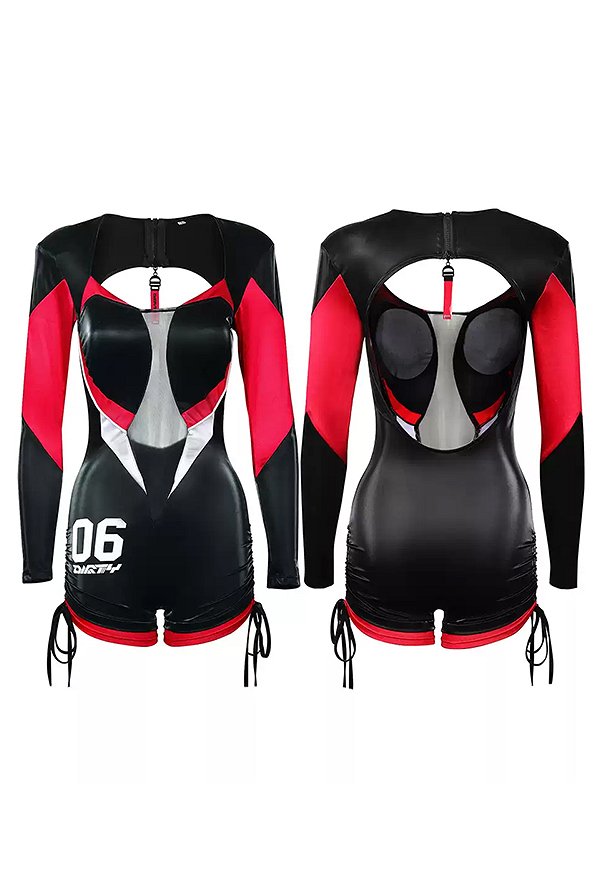 Sexy Estilo Motocicleta Bodysuit pura malla Patchwork retro mono Sexy Estilo Motocicleta Bodysuit pura malla Patchwork retro mono