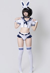 Sexy Sailor-style Maid Outfit Navy Collar Short Top and Shorts with Bunny Ear Headband and Belt