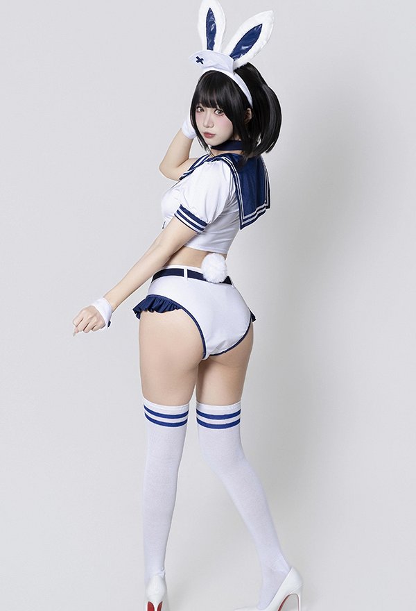 Sexy Sailor Outfit Kurzes Oberteil Kragen Marineblau Shorts mit Hasenohren Haarreif Gürtel
