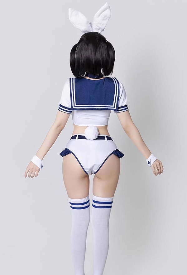 Sexy Sailor Outfit Kurzes Oberteil Kragen Marineblau Shorts mit Hasenohren Haarreif Gürtel