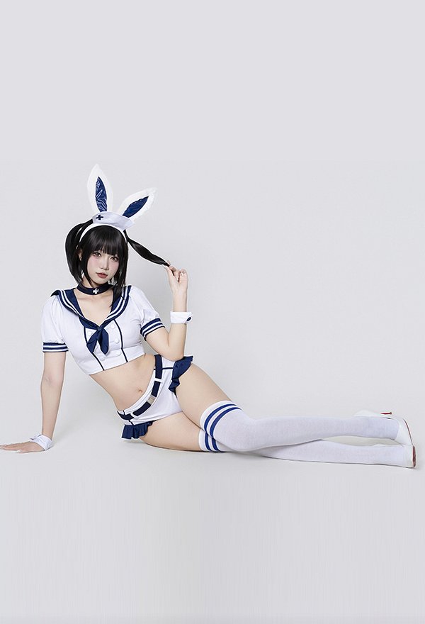 Sexy Sailor Outfit Kurzes Oberteil Kragen Marineblau Shorts mit Hasenohren Haarreif Gürtel