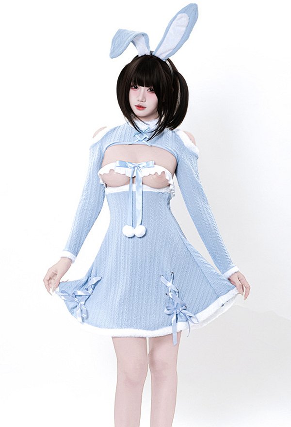 Sexy Blue Bunny Girl Outfit Short Top and Skirt with Tube Top and Rabbit Ear Headband