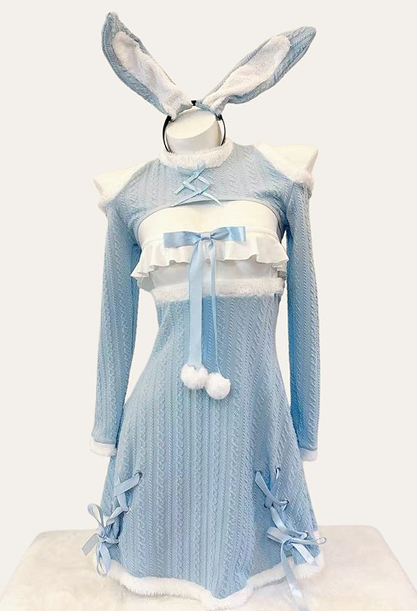 Sexy Blue Bunny Girl Outfit Short Top and Skirt with Tube Top and Rabbit Ear Headband