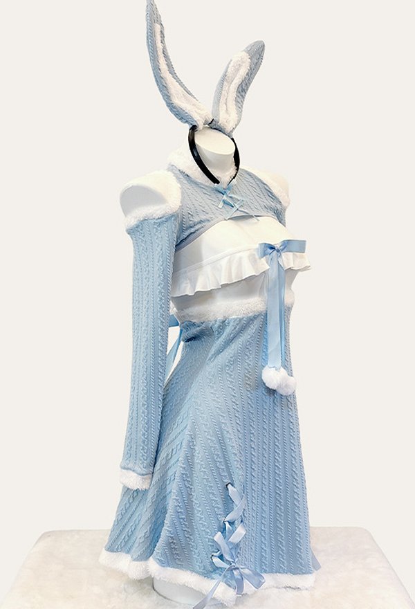 Sexy Blue Bunny Girl Outfit Short Top and Skirt with Tube Top and Rabbit Ear Headband