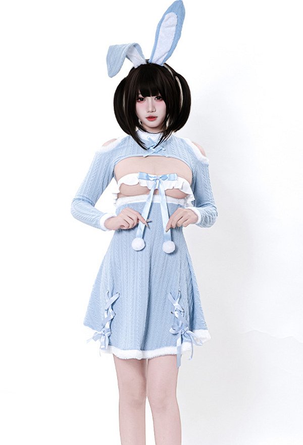 Sexy Blue Bunny Girl Outfit Short Top and Skirt with Tube Top and Rabbit Ear Headband