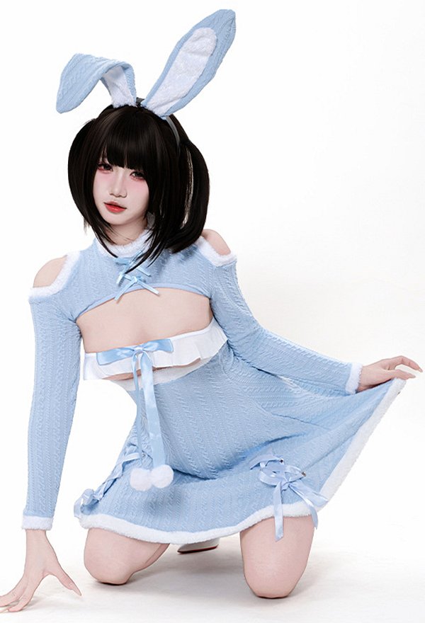 Sexy Blue Bunny Girl Outfit Short Top and Skirt with Tube Top and Rabbit Ear Headband