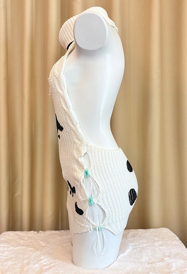 Vestido de punto con patrón de vaca sexy cuello abierto de espalda suéter Bodysuit