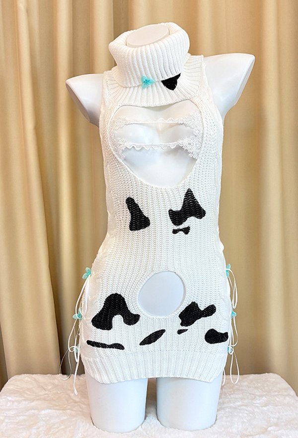 Vestido de punto con patrón de vaca sexy cuello abierto de espalda suéter Bodysuit