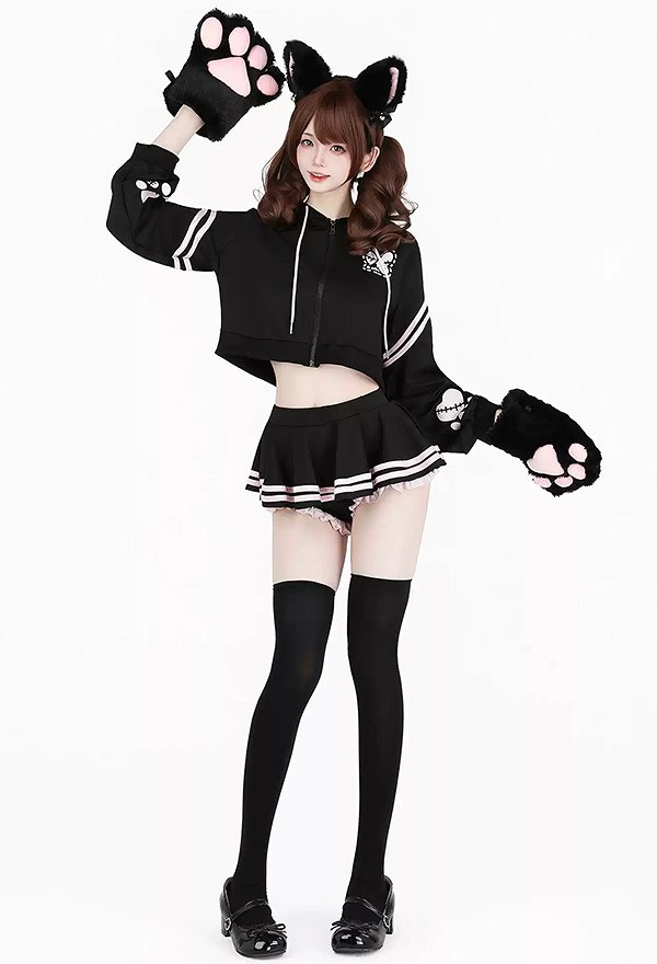 Sexy Agent Bunny Outfit Set Süßes bedrucktes Kapuzen Kawaii Crop Top Mini Skort Set